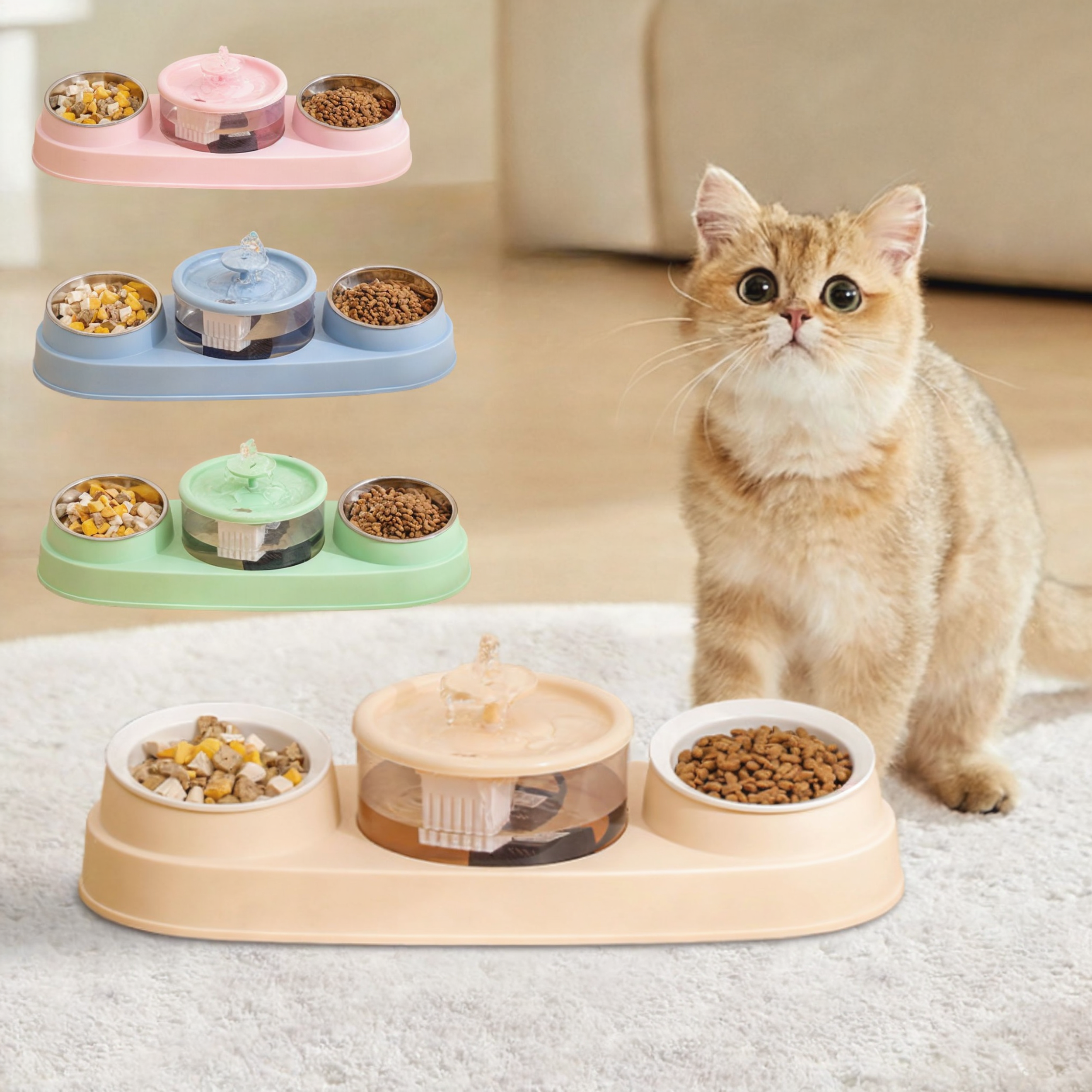 3-in-1 Pet Feeding Station with Automatic Water Fountain – Food & Water Integration