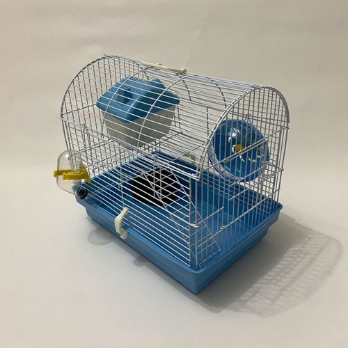 Hamster Cage – Compact Wire with Wheel, House & Water Bottle (Blue Base)