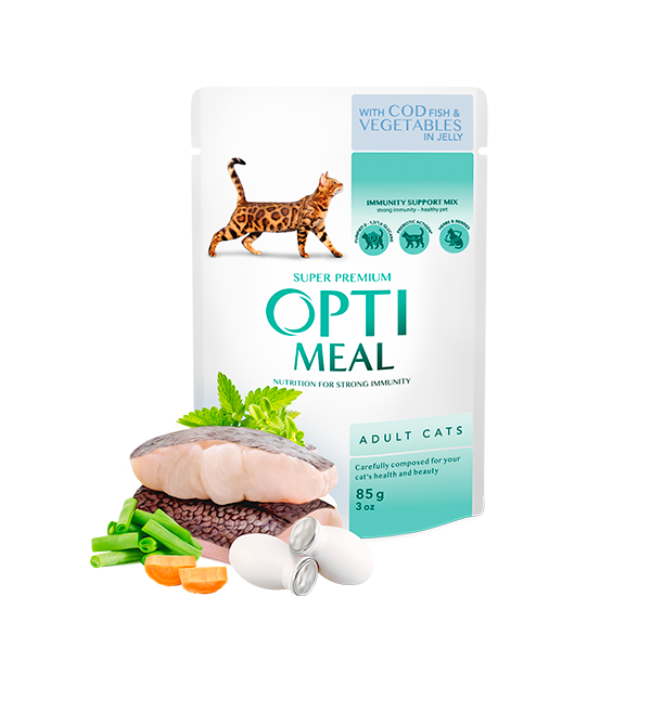 Optimeal Complete Canned Pet Food for Adult Cats with Cod Fish and Veggies in Jelly