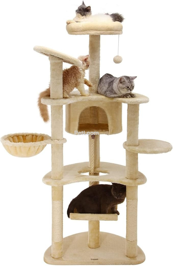 Deluxe Beige Cat Tree – Multi-Level Cat Condo with Scratching Posts & Hammock (153 cm)