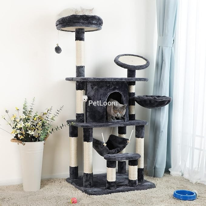 Multi-Level Cat Tree with Hammock, Condo, Basket & Scratching Posts – 145 cm, Dark Gray