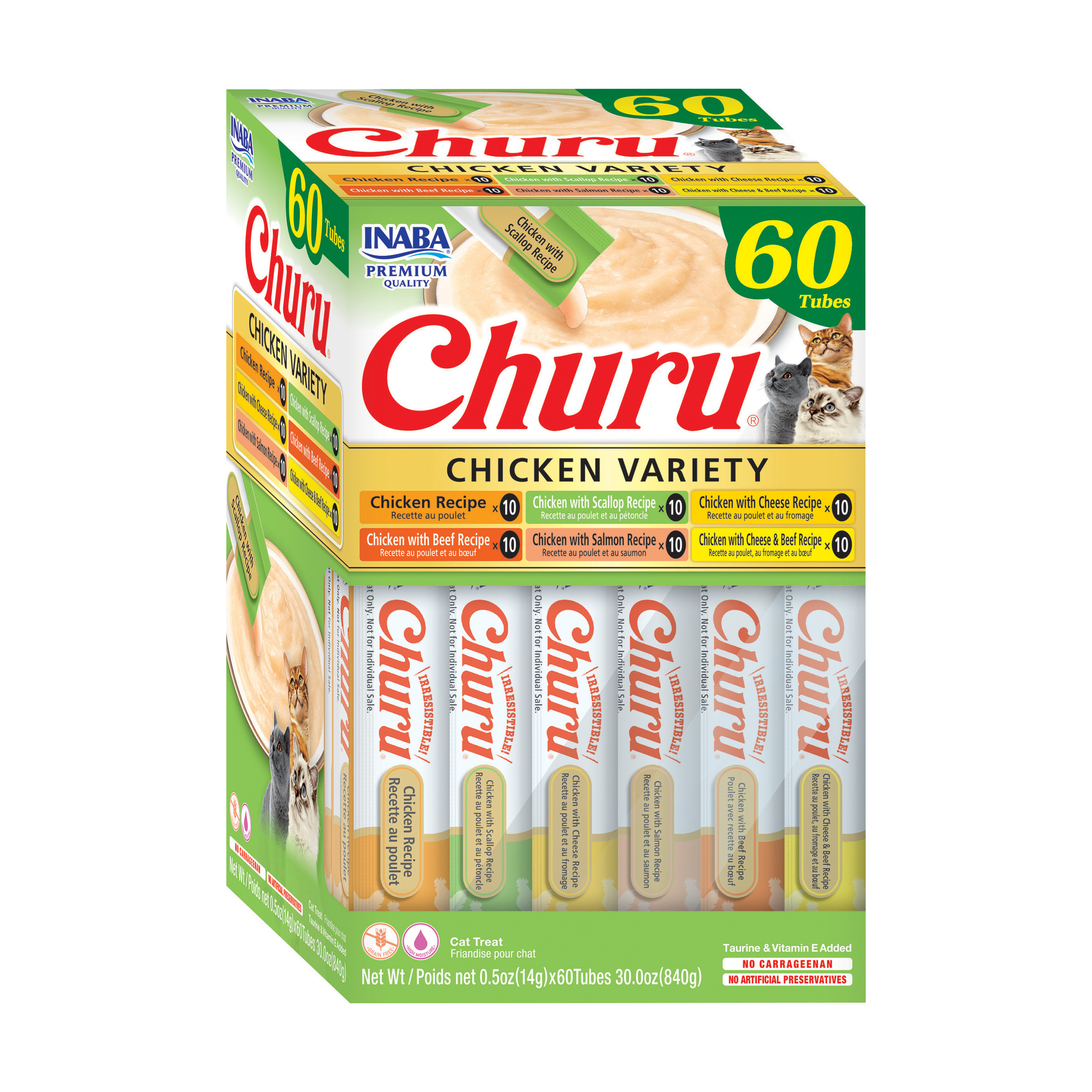 INABA Churu Chicken Variety Box – Lickable Cat Treats (60 Tubes)
