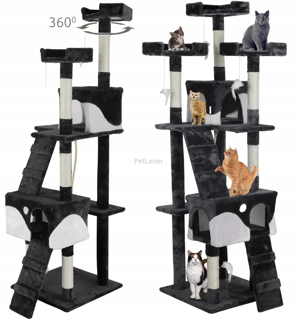 Multi-Level Black & White Cat Tree with Condo, Ramp, and Scratching Posts – 170 cm