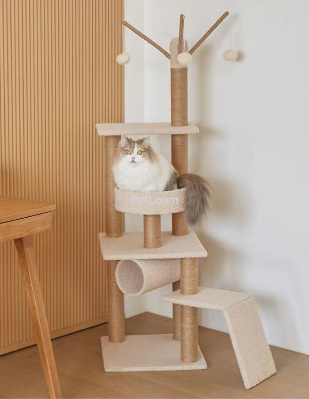 Cat Tree Tower with Ramp – Beige (168 cm)