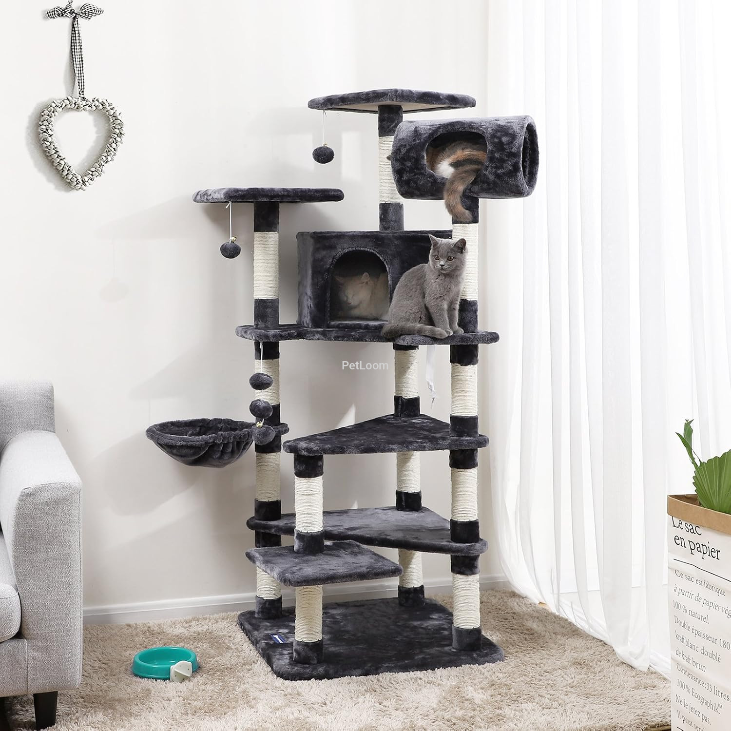 Multi-Level Cat Tree Tower with Tunnel, Hammock, Scratching Posts & Toys – 165 cm