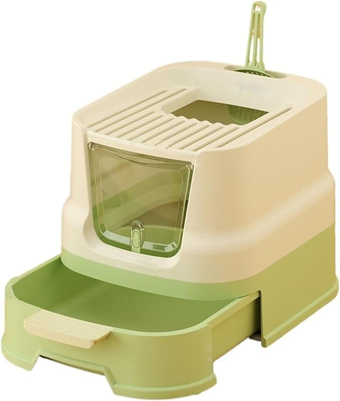 Enclosed Cat Litter Box with Drawer – Green & White