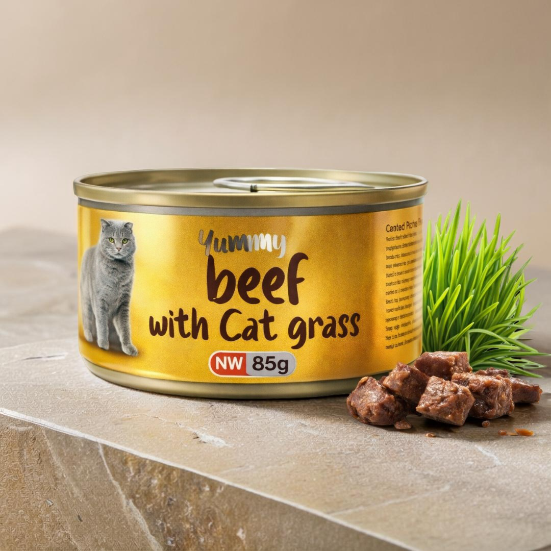 Yummy Beef with Cat Grass – Wet Cat Food Can