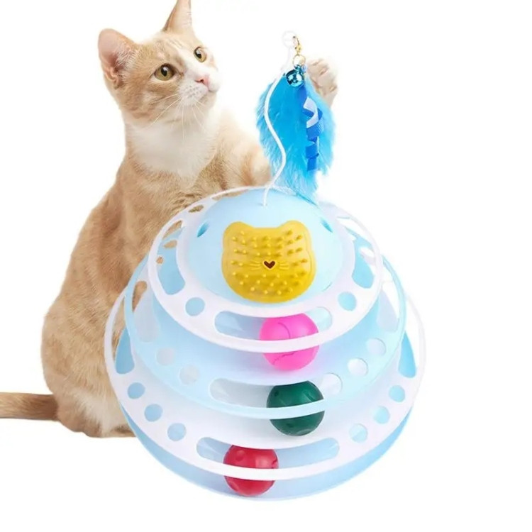 Multi-Layer Cat Track Toy with Feather Teaser, Scratcher & Detachable Design
