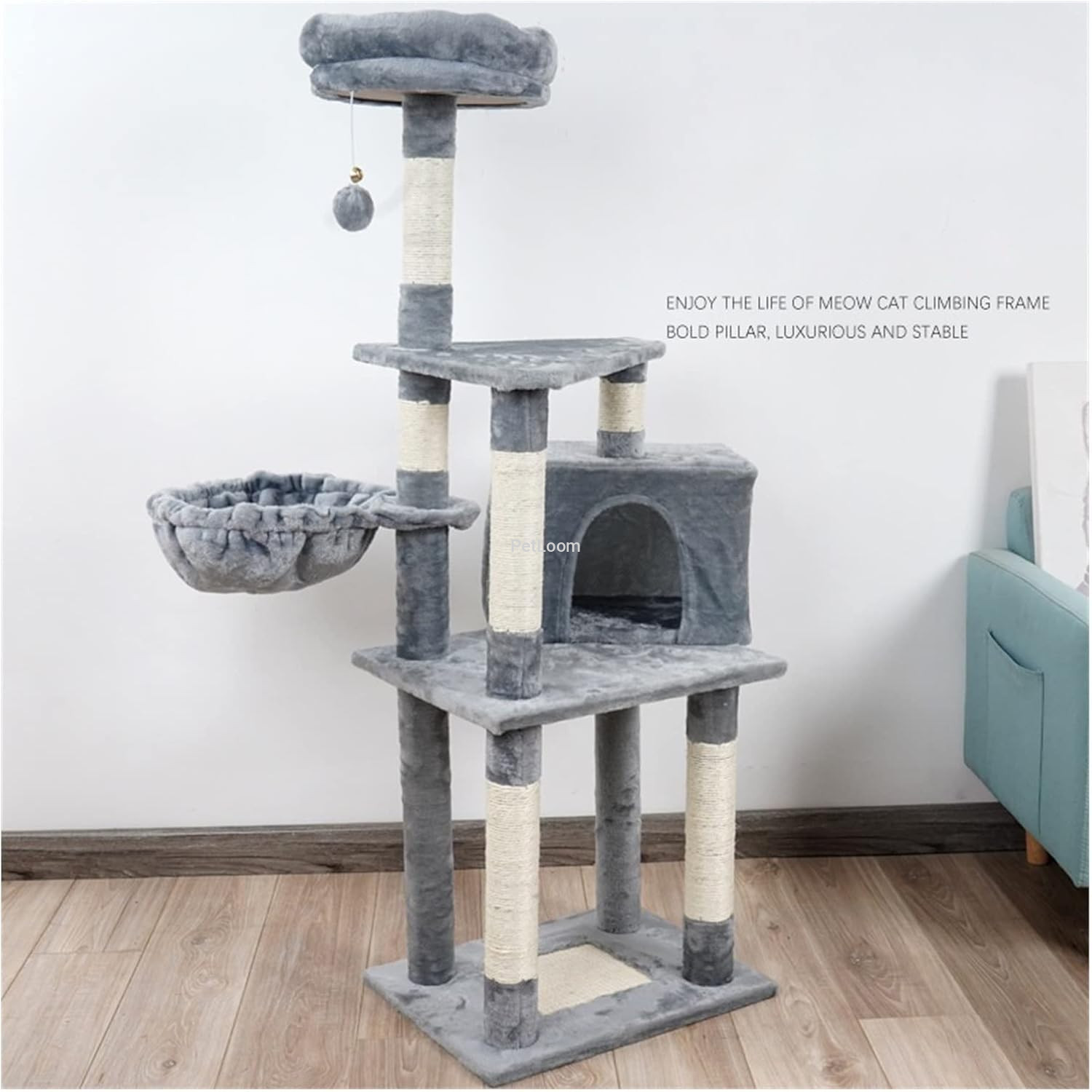 Grey Cat Tree with Hammock, Condo & Scratching Posts – 133 cm