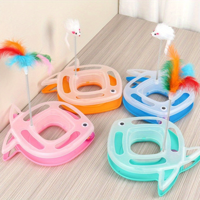 Fish-Shaped Interactive Cat Toy with Rolling Ball & Feather
