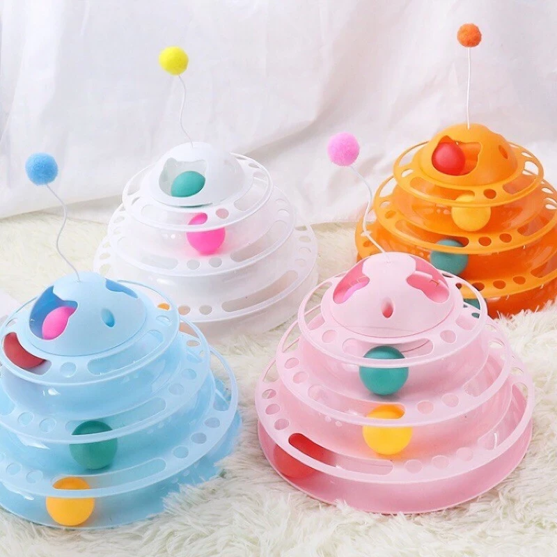 Interactive Multi-Level Cat Ball Toy with Teaser Wand Attachment