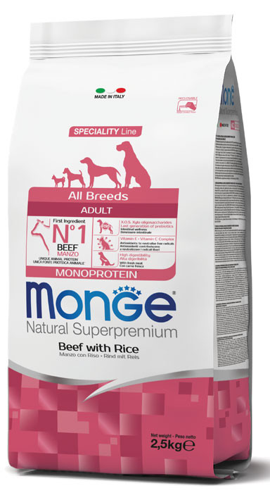 Monge Natural Superpremium All Breeds Adult Monoprotein Beef with Rice – 2.5 kg