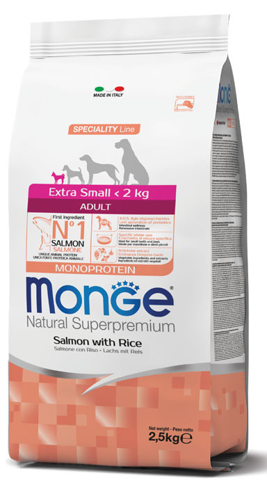 Monge Natural Superpremium Specialty Line Extra Small Adult Dog Food – Monoprotein Salmon with Rice 2.5kg