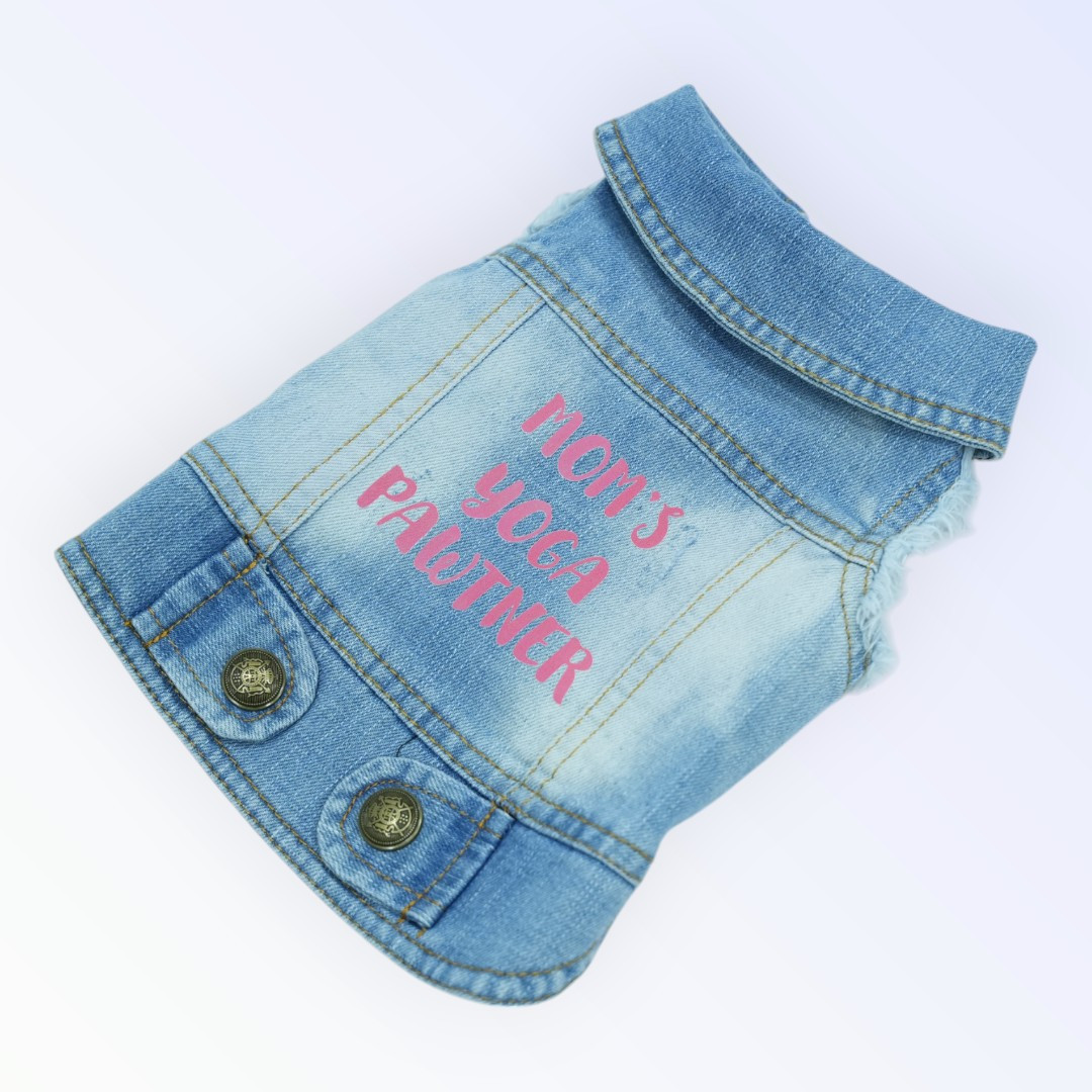 Pet Clothes Dog Jeans Jacket – “Mom’s Yoga Partner” Print (S)
