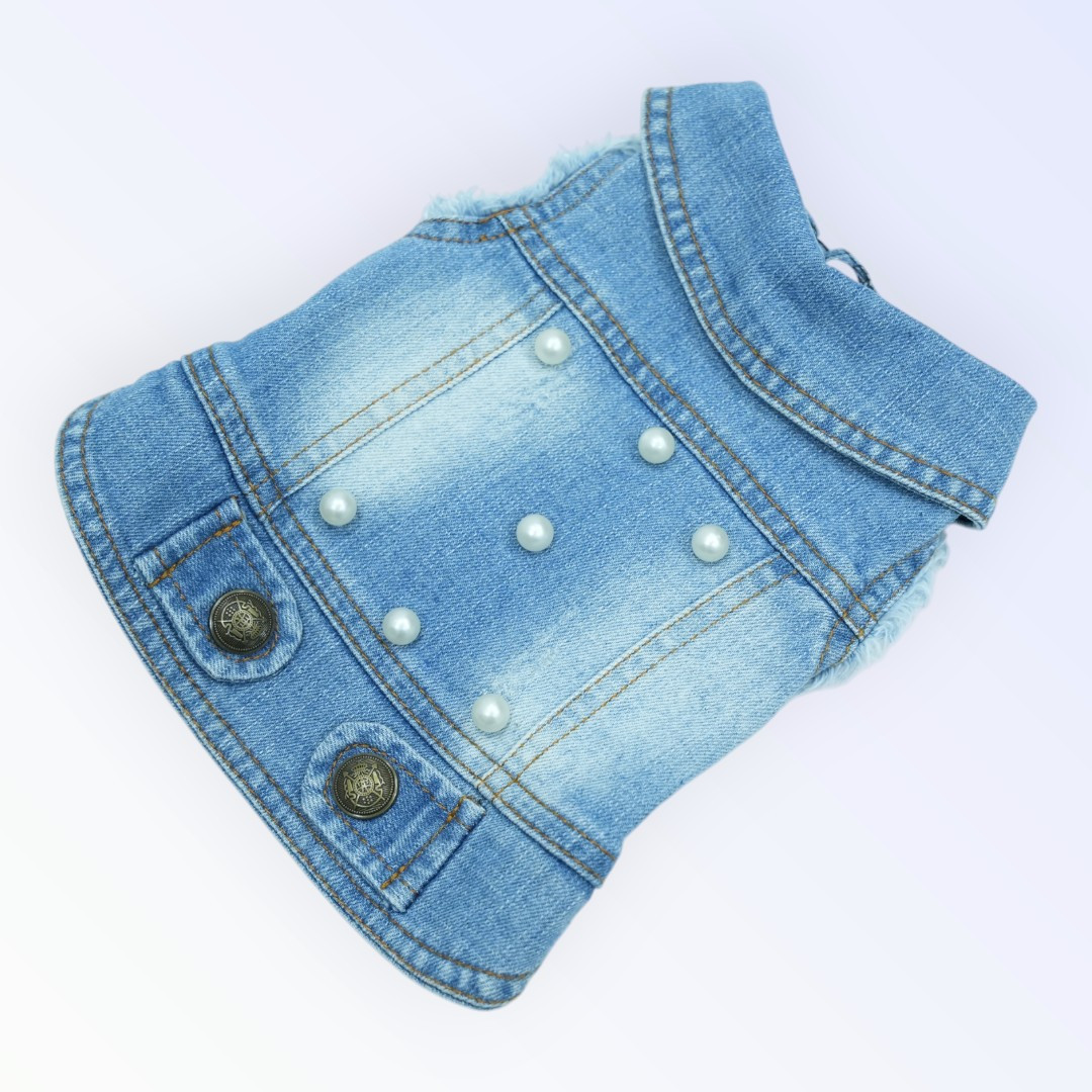 Pet Clothes Dog Jeans Jacket – Sewn Pearl Embellishment (S)