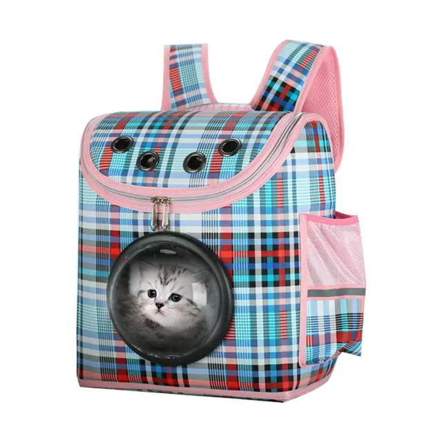 Plaid Pet Backpack Carrier with Dome Window