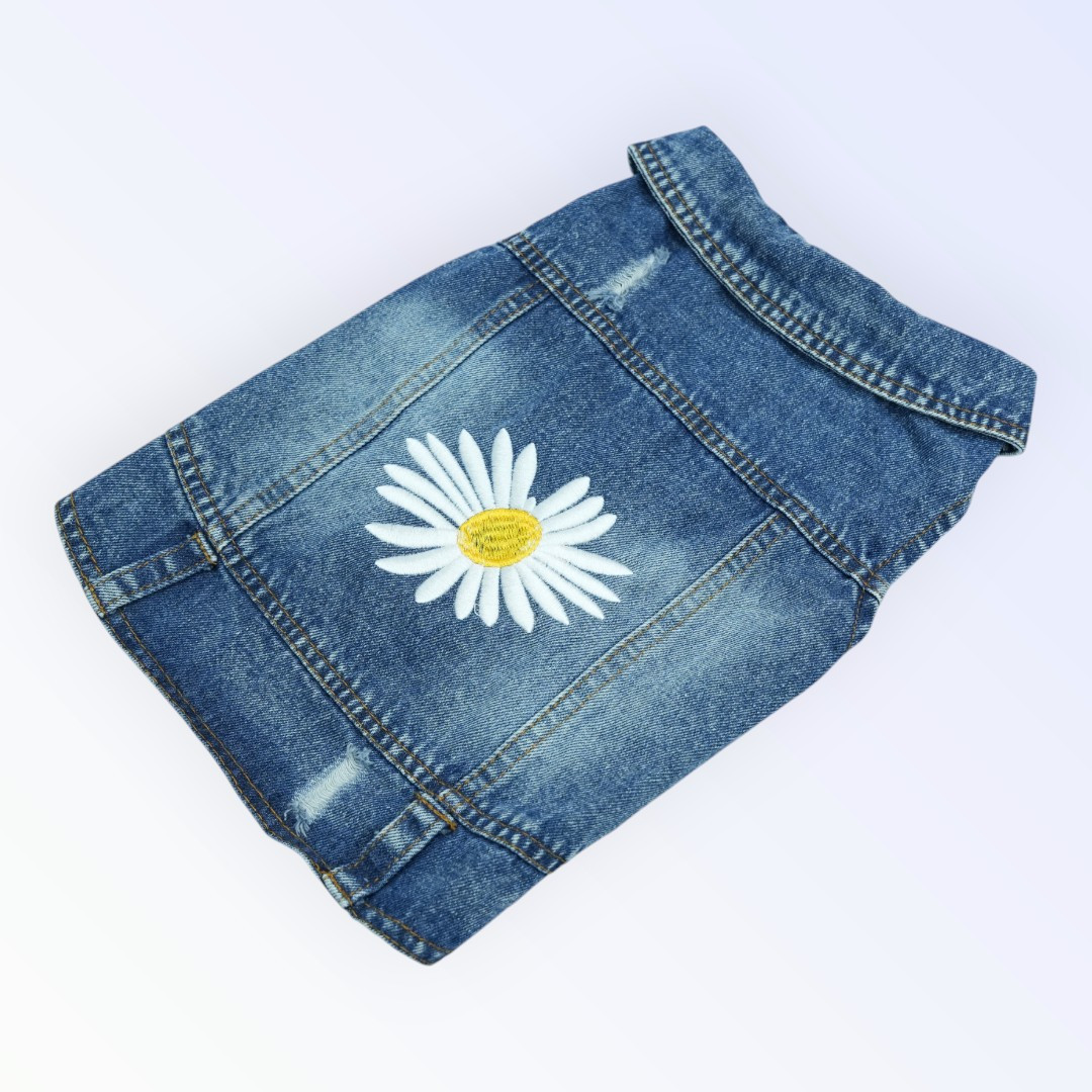 Pet Clothes Dog Jeans Jacket – Embroidered Daisy Design (L)