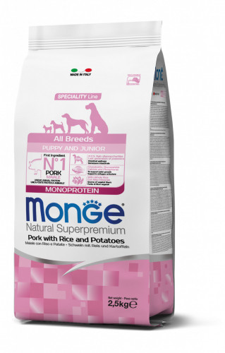 Monge Natural Superpremium Specialty Line All Breeds Puppy & Junior Dog Food – Monoprotein Pork with Rice and Potatoes 2.5Kg