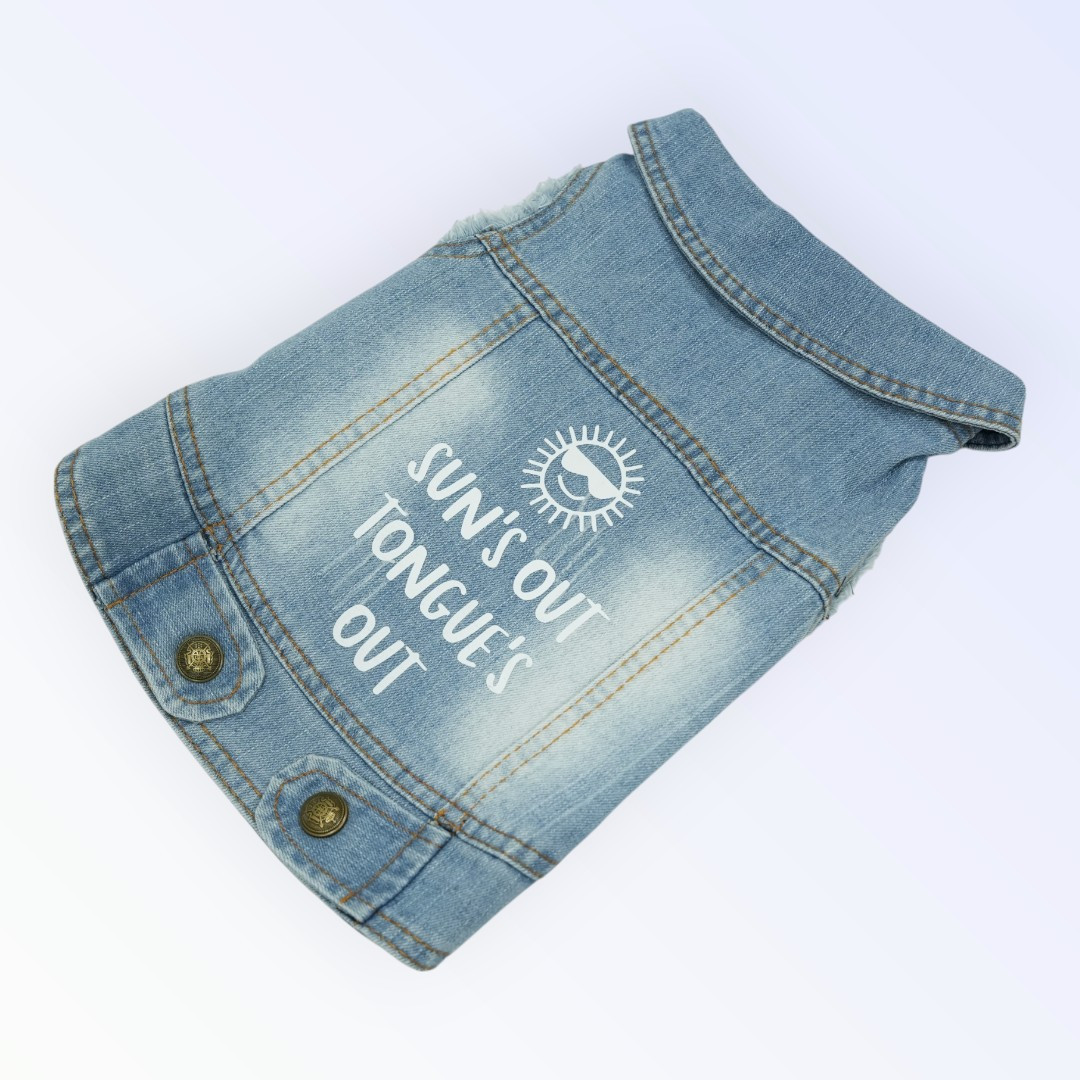 Pet Clothes Dog Jeans Jacket – “Sun’s Out Tongue’s Out” Embroidered Design (L)
