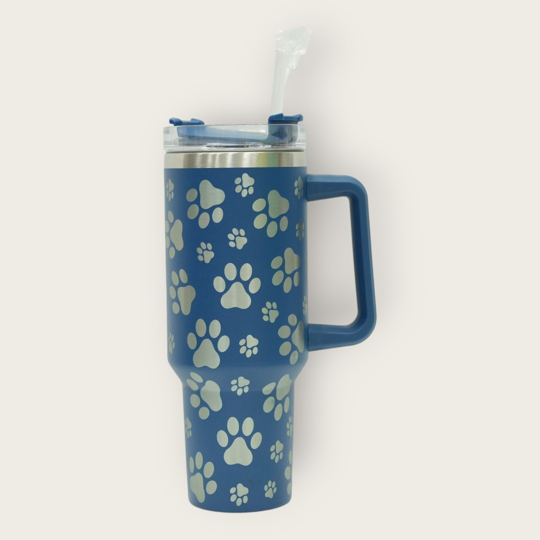 Blue Paw Print Tumbler with Silver Prints
