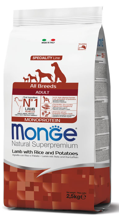 Monge Natural Superpremium All Breeds Adult Monoprotein – Lamb with Rice & Potatoes – 2.5 kg
