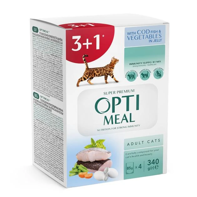 Optimeal Complete Canned Pet Food for Adult Cats with Cod Fish and Veggies in Jelly( 3 +1 ) Pc's