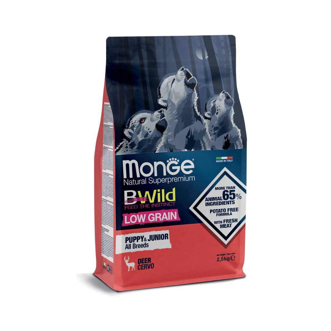 Monge Bwild Low Grain All Breeds Puppy & Junior Dog Deer – 2.5 kg
