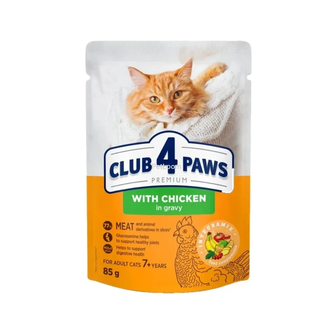 Club 4 Paws Premium Wet Cat Food with Chicken in Gravy – 85g (For Adult Cats 7+ Years)