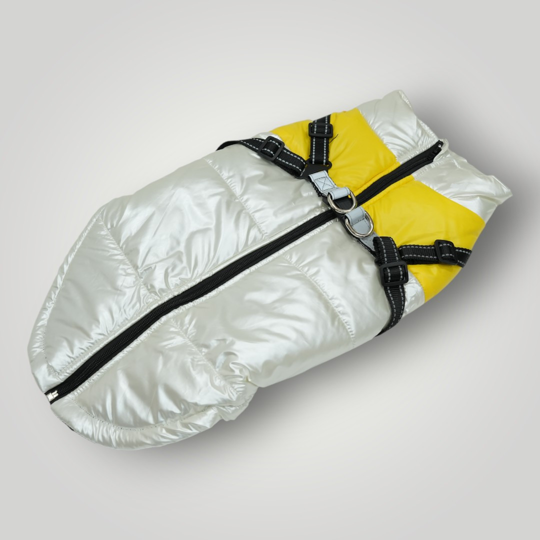 Waterproof Winter Jackets for Both Dogs & Cats Glossy Silver Body with A Bright Yellow Stripe (2XL)