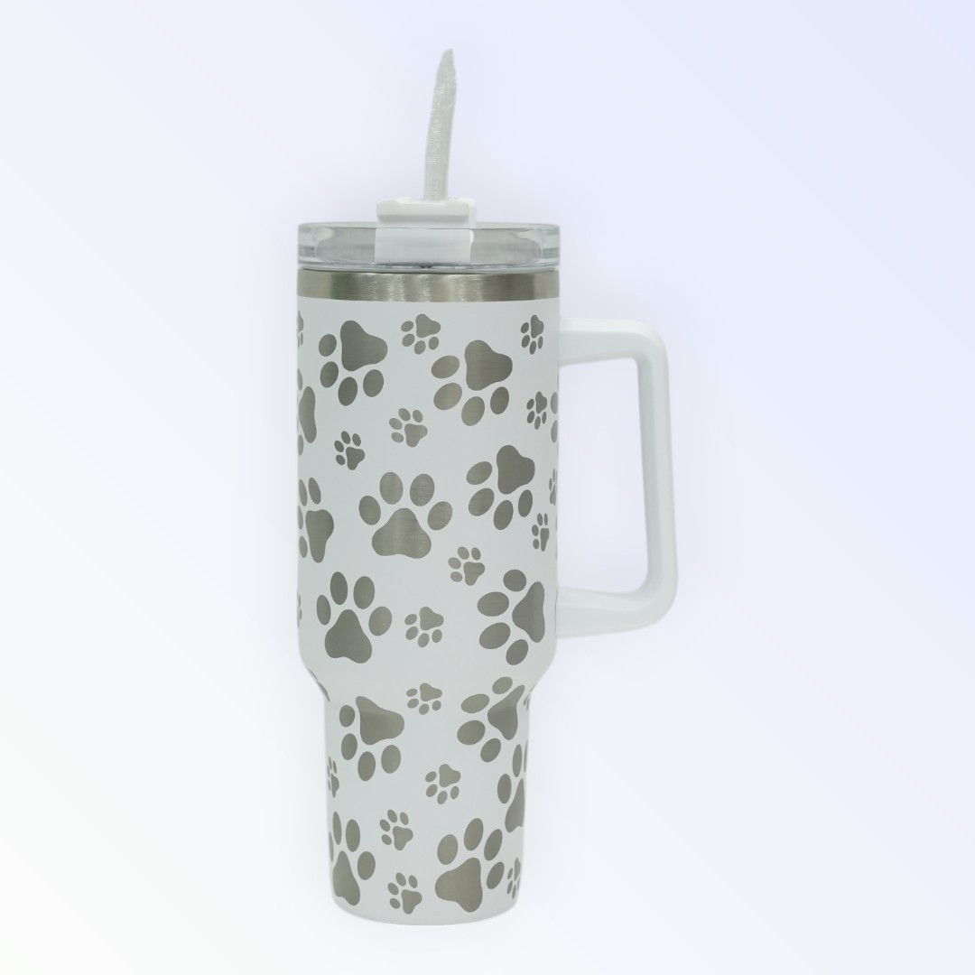 White Paw Print Tumbler with Handle and Straw