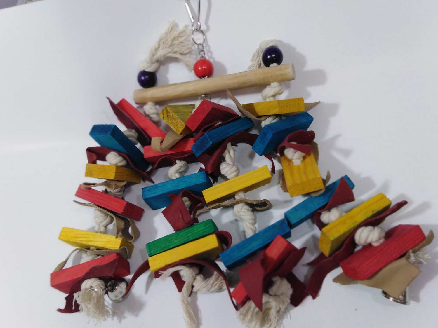 Colorful Wooden Block & Rope Bird Toy with Bell