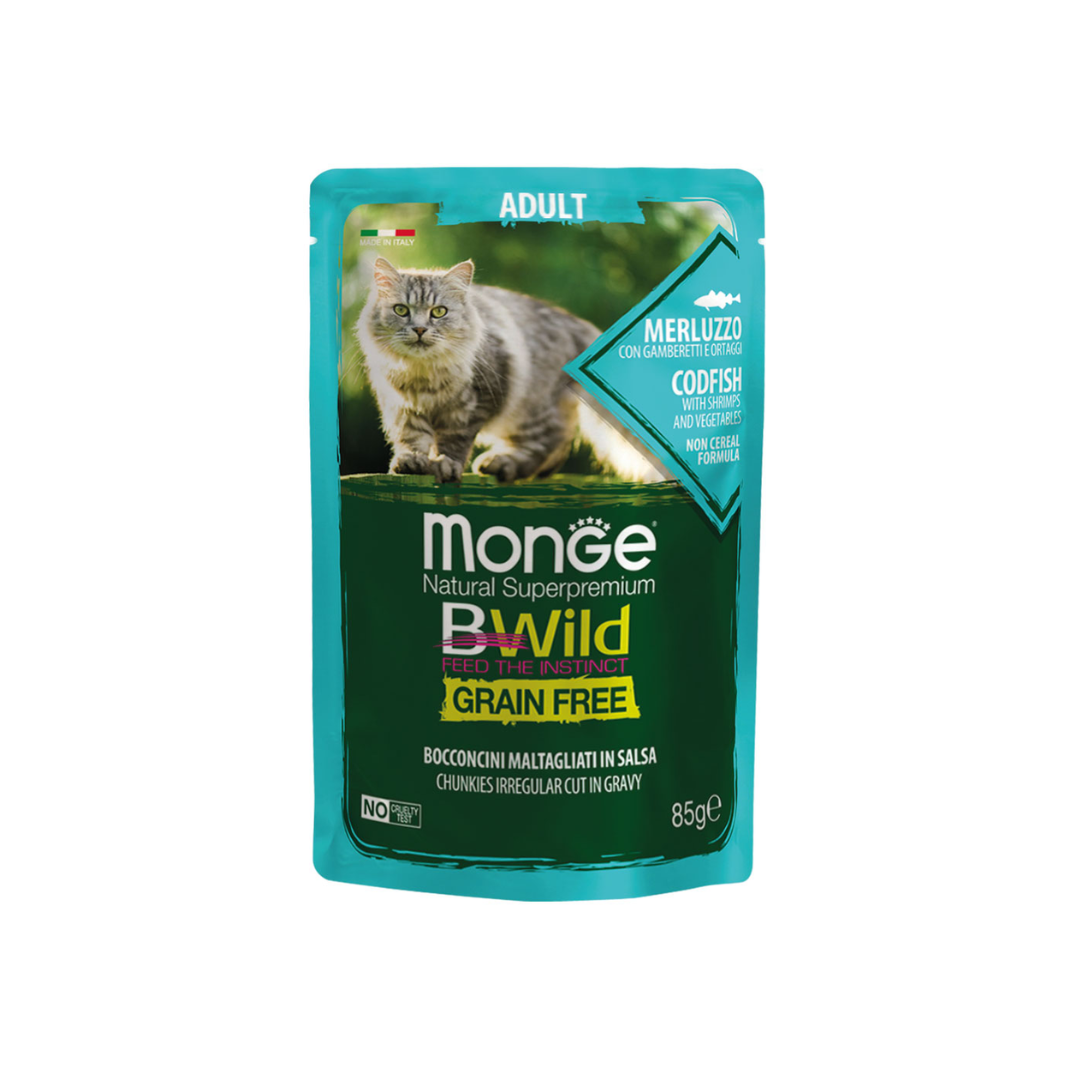Monge Natural Super Premium Bwild Grain Free Formula Adult Cat Irregular Cut Chunkies in Gravy Codfish with Shrimps and Vegetables