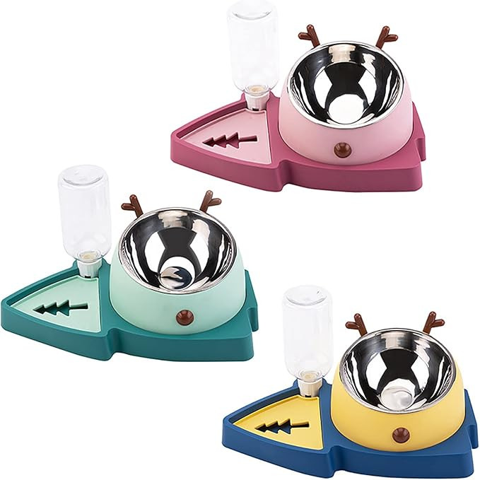 Stainless Steel Cat Food Bowl With Automatic Waterer Bottle pink