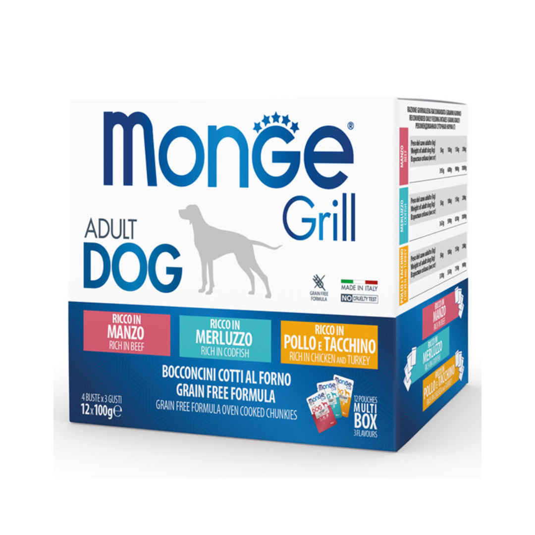 Monge Grill Multipack Adult Dog Pouches – Beef, Codfish, Chicken & Turkey – 12 × 100g