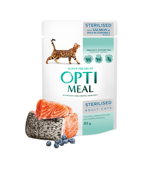 Optimeal Wet Food for Sterilised Adult Cats – Salmon & Wild Blueberries in Jelly