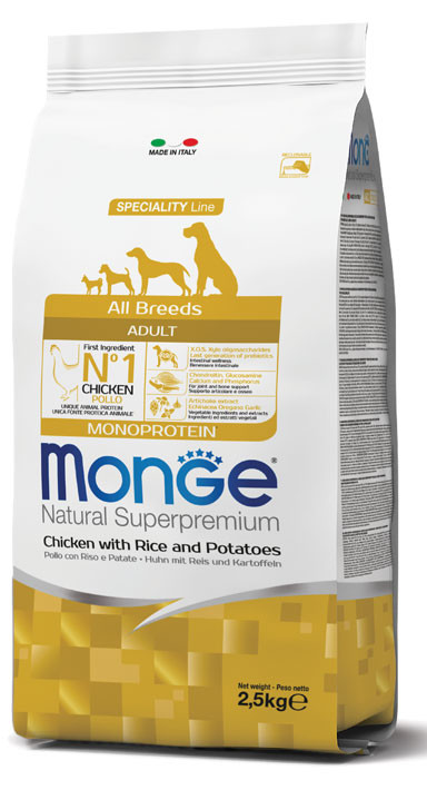 Monge Natural Superpremium Specialty Line All Breeds Adult Dog Food – Monoprotein Chicken with Rice & Potatoes  2.5kg