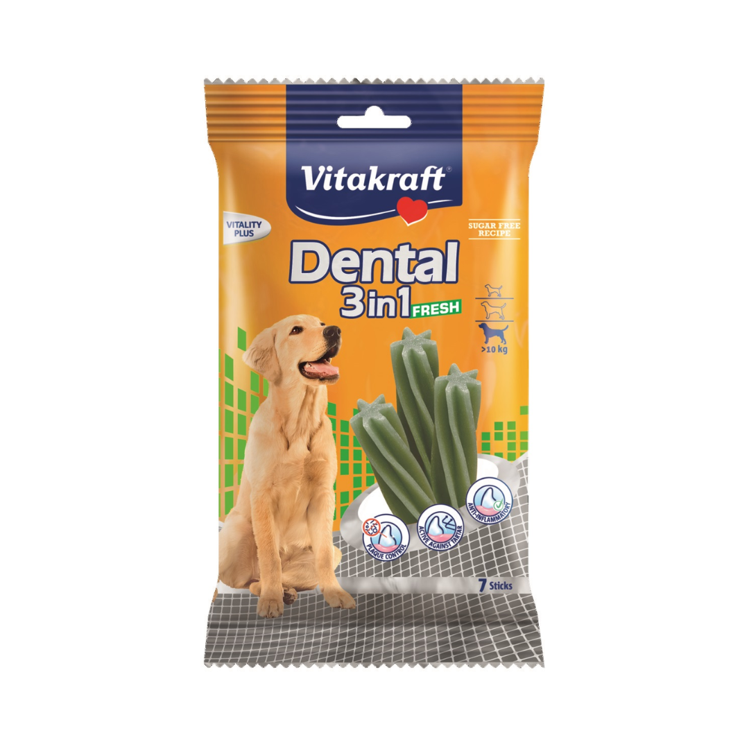Vitakraft Dental 3in1 Fresh Dog Chew Sticks – Star Shape Dental Treats (7 Sticks, For Dogs Over 10 kg)