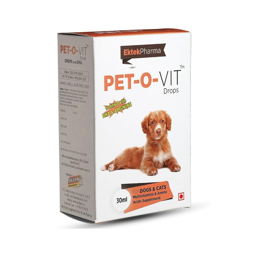 Ektek Pharma Pet-O-Vit Drops Multivitamin & Amino Acid Supplement for Dogs & Cats – 30 ml