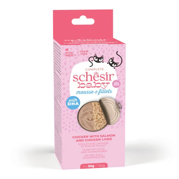 Schesir Baby – Chicken with Salmon & Chicken Liver Mousse & Fillets – 3x55g Cans