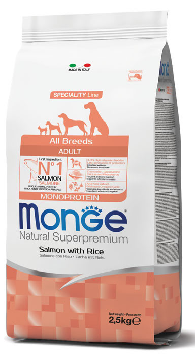 Monge Natural Superpremium Specialty Line All Breeds Adult Dog Food – Monoprotein Salmon with Rice 2.5Kg