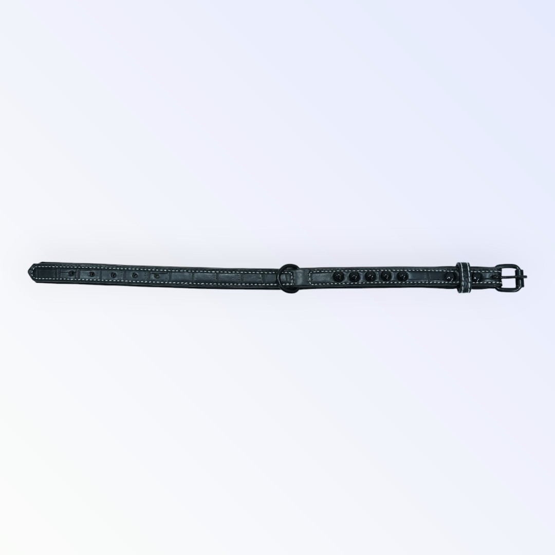 Black Leather Dog Collar with Contrast Stitching