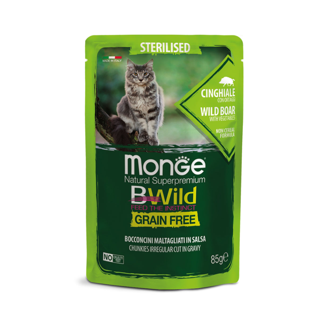 Monge Natural Super Premium Bwild Grain Free Formula Sterilised Cat Irregular Cut Chunkies in Gravy Wild Boar with vegetables