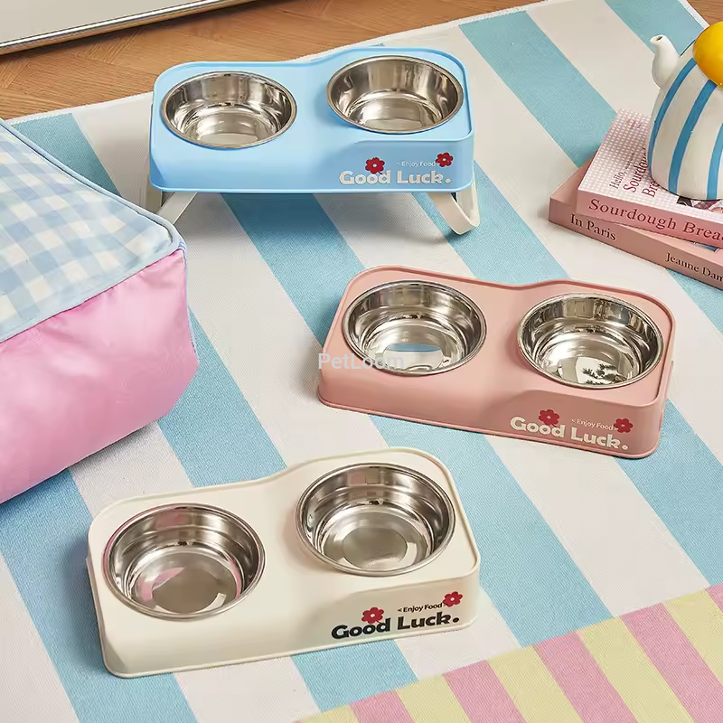 Elevated Double Pet Feeding Bowl – Good Luck Design (Assorted Colors)