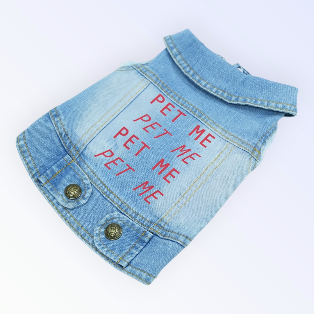 Pet Clothes Dog Jeans Jacket – “Pet Me” Repeated Print (M)