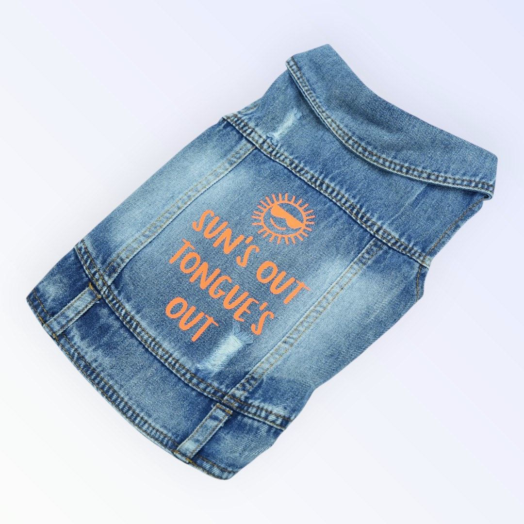 Pet Clothes Dog Jeans Jacket – “Sun’s Out Tongue’s Out” Orange Embroidery (XL)