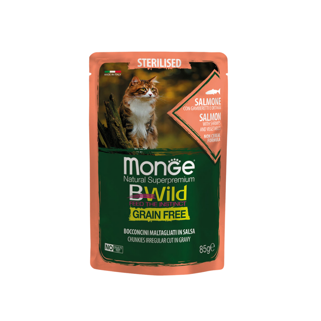 Monge Natural Super Premium Bwild Grain Free Formula Sterilised Cat Irregular Cut Chunkies in Gravy Salmon with Shrimps and Vegetables