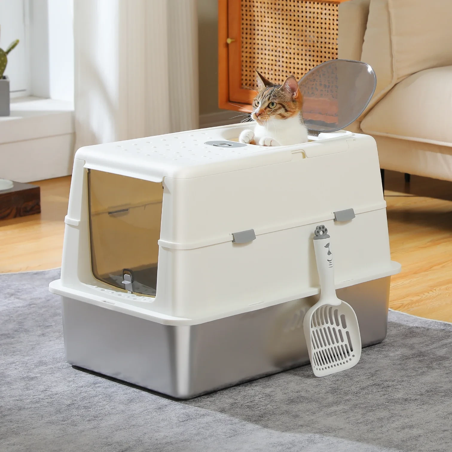 XL Enclosed Stainless Steel Cat Litter Box with Dual Entry & Top Exit – 96L