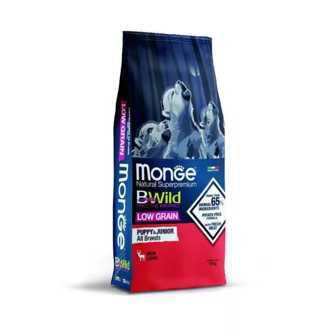 Monge Bwild Low Grain All Breeds Puppy & Junior Dog Deer – 12 kg