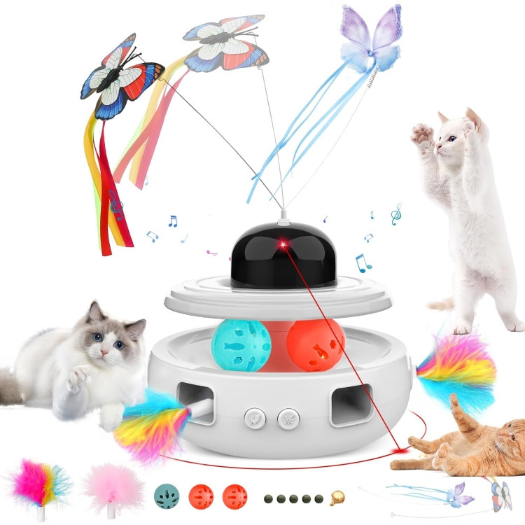 5-in-1 Interactive Rechargeable Cat Toy – Butterfly Spinner, Feather Popping, Laser Pointer, Sound Stimulation and Ball Track