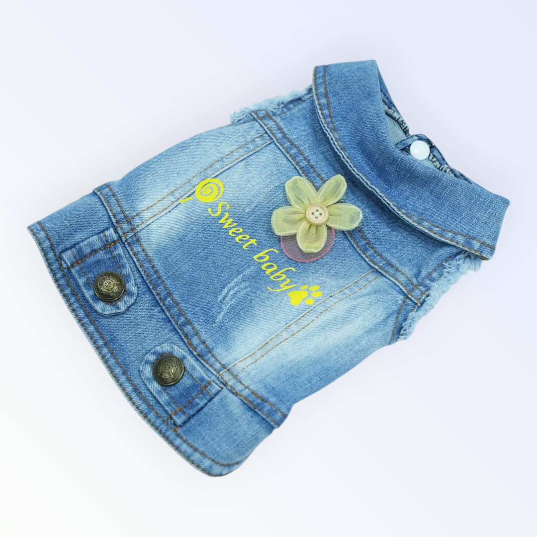 Pet Clothes Dog Jeans Jacket – “Sweet Baby” Print with 3D Flower (S)